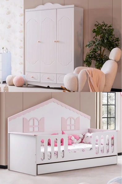 Poli Çocuk Odası Takımı, Poli Yavrulu Karyola, Flower 3 Kapaklı Dolap - Pembe