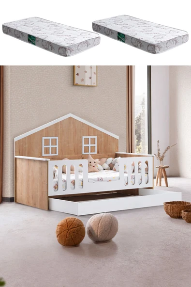 Yavrulu Karyola, Bello Yavrulu Montessori Yatak - Ceviz + 2 Adet Comfort Yatak