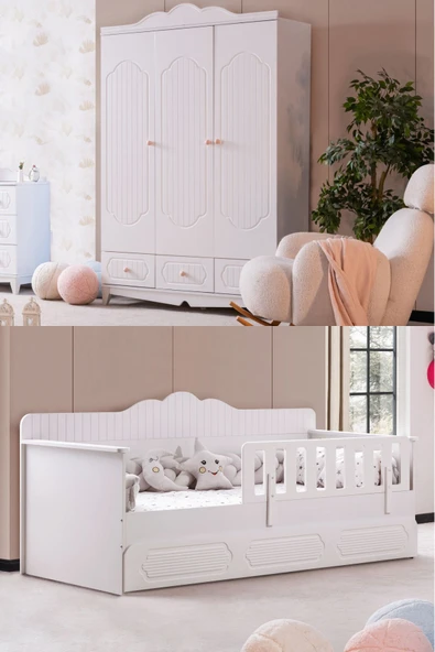 Flower Çocuk Odası Takımı, Flower Yavrulu Karyola, 3 Kapaklı Dolap - Beyaz