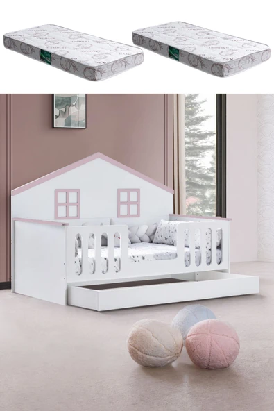 Yavrulu Karyola, Bello Yavrulu Montessori Yatak - Pembe + 2 Adet Comfort Yatak