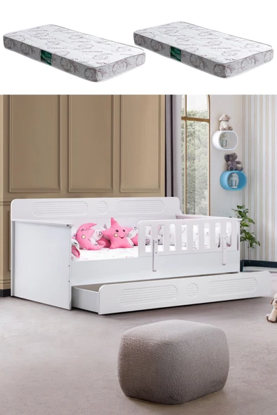 Yavrulu Karyola, Flora Yavrulu Montessori Karyola - Beyaz + 2 Adet Comfort Yatak