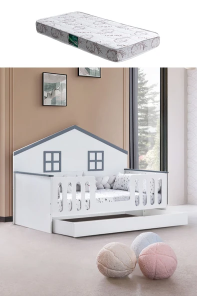 Yavrulu Karyola, Bello Yavrulu Montessori Yatak - Gri + 1 Adet Comfort Yatak