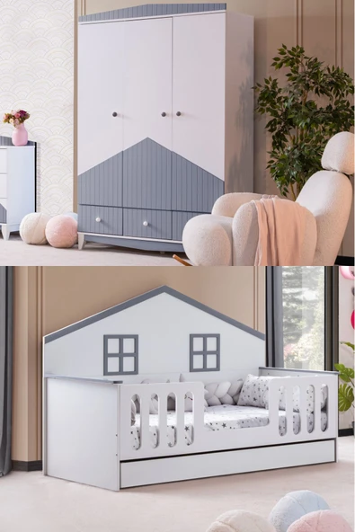 Bello Çocuk Odası Takımı, Bello Yavrulu Karyola, Fethiye 3 Kapaklı Dolap - Gri