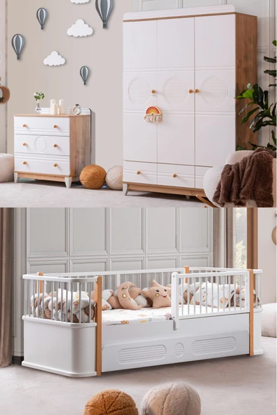 Antalya Çocuk Odası Takımı, Antalya Yavrulu Karyola, Alvin 3 Kapaklı Dolap, Şifonyer - Ceviz