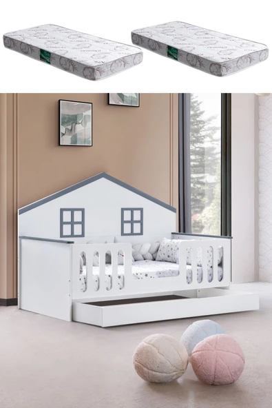 Yavrulu Karyola, Bello Yavrulu Montessori Yatak - Gri + 2 Adet Comfort Yatak
