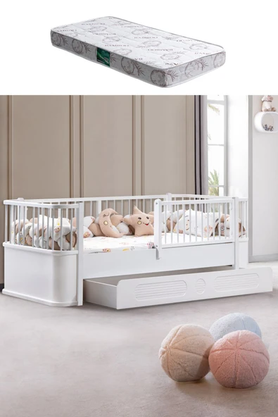 Yavrulu Karyola, Antalya Montessori Yavrulu Yatak - Beyaz + 1 Adet Comfort Yatak