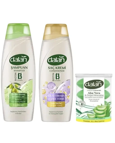 Dalan Onarıcı Bakım Şampuan 450 Ml + Dalan Saç Kremi 450 Ml + Dalan Klasik Aloe Vera 110x4