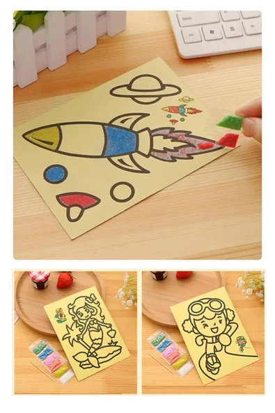 Kum Boyama Seti 1 Adet 20x30 cm A4 Boyutunda Büyük Boy Kaliteli Kum Boyama Çalışması Tuz Boyama Etkinlik - 5