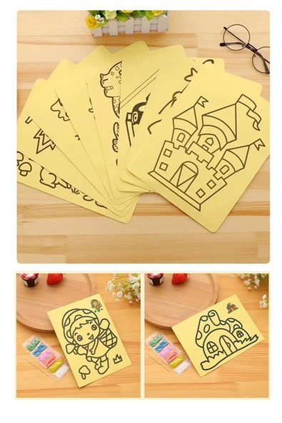 Kum Boyama Seti 1 Adet 20x30 cm A4 Boyutunda Büyük Boy Kaliteli Kum Boyama Çalışması Tuz Boyama Etkinlik - 4