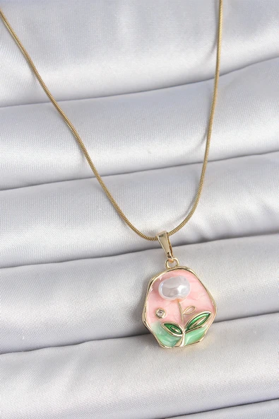 316L Çelik Gold Renk Zincir Pembe Çiçek İşlemeli İnci Detay Portre Model Kadın Kolye - TJ-BKO10125 - 1