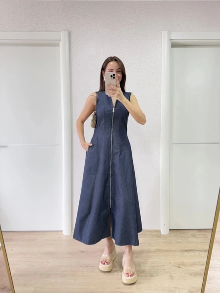 Jeans Kot Önü Tam Fermuarlı Uzun Elbise - Mavi