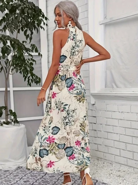 Kadın Omuzlardan Açık Halter Yakalı Yırtmaçlı çiçek Desenli Süprem Elbise - 3