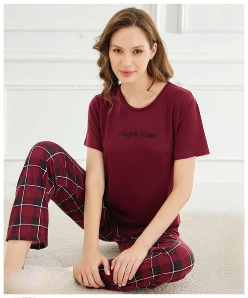 Mihra Kadın Bisiklet Yaka MİLAN Likralı Kısa Kol Pijama Takımı 50107BB - 1 Adet  XL Bordo