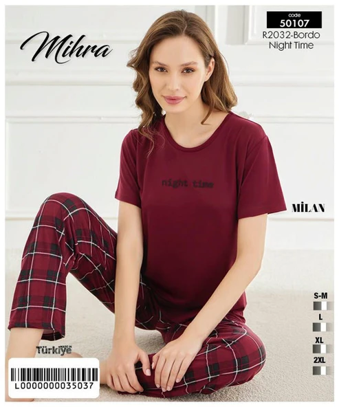 Mihra Kadın Bisiklet Yaka MİLAN Likralı Kısa Kol Pijama Takımı 50107BB - 1 Adet  XL Bordo - Resim 2