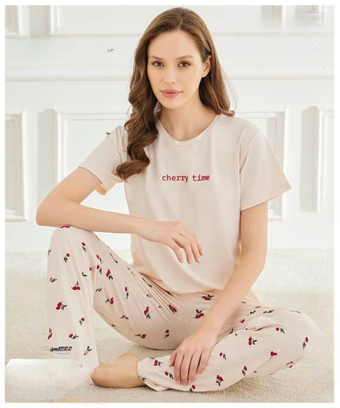 Mihra Kadın Bisiklet Yaka MİLAN Likralı Kısa Kol Pijama Takımı 50107Ekru - 1 Adet  XL Ekru