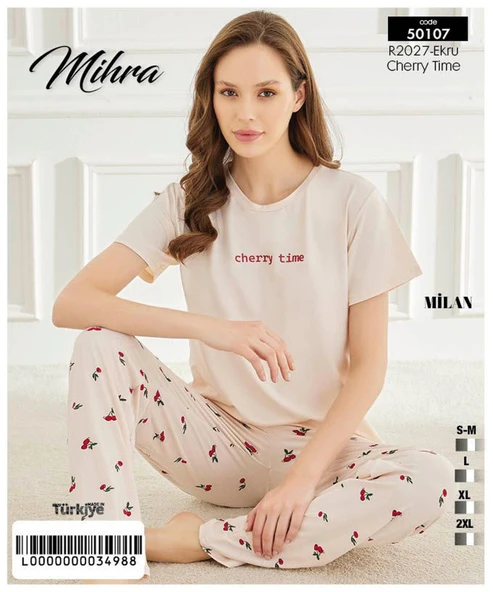 Mihra Kadın Bisiklet Yaka MİLAN Likralı Kısa Kol Pijama Takımı 50107Ekru - 1 Adet  L Ekru - Resim 2