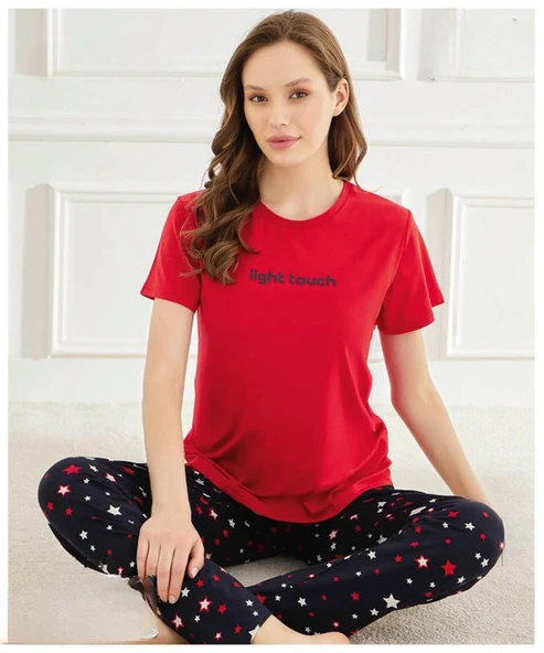 Mihra Kadın Bisiklet Yaka MİLAN Likralı Kısa Kol Pijama Takımı 50107Kırmızı - 1 Adet  L Kırmızı ürün görseli 1