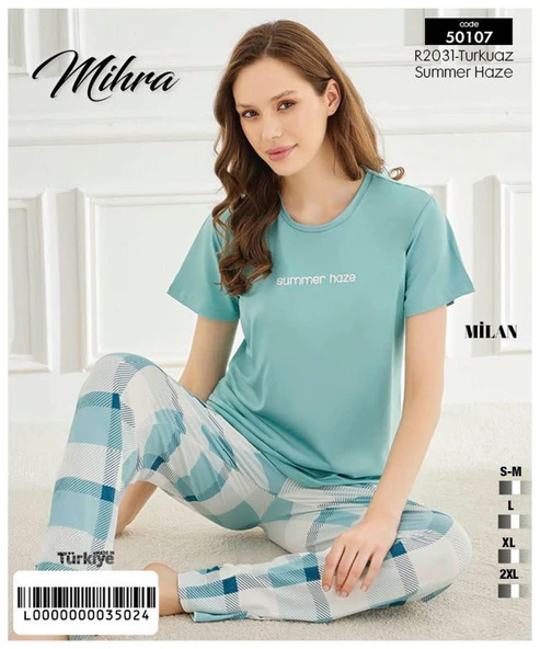 Mihra Kadın Bisiklet Yaka MİLAN Likralı Kısa Kol Pijama Takımı 50107Turkuaz - 1 Adet  L Turkuaz - 2