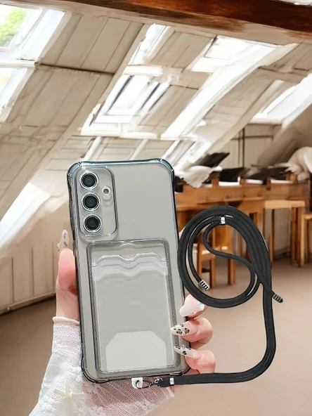 Samsung Galaxy A16 Kartlıklı Askı+Aparatlı Antişok Kılıf Siyah