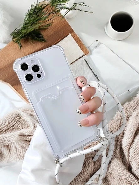 Apple iPhone 12 Pro Askılı Kartlıklı Antişok Kılıf Beyaz ürün görseli