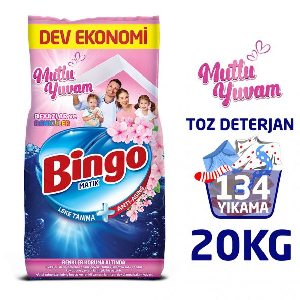 Bingo Matik 10 kg Mutlu Yuvam Renkliler ve Beyazlar Toz Çamaşır Deterjanı Ekonomi Paketi 2'li