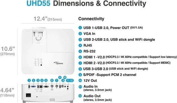 Optoma UHD55 4K Ultra HD DLP Ev Sineması ve Oyun Projektörü - 10