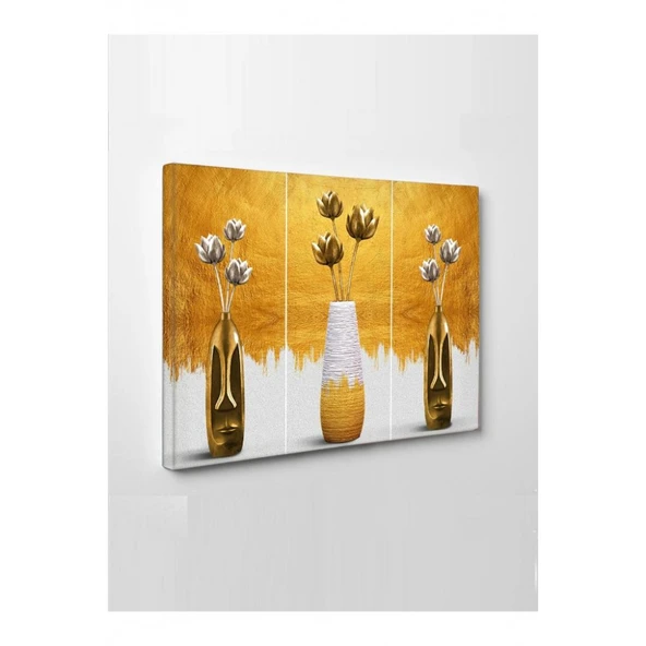 Kanvas Tablo Üçlü Gold Vazo Çok Şık Led Işıklı - 1