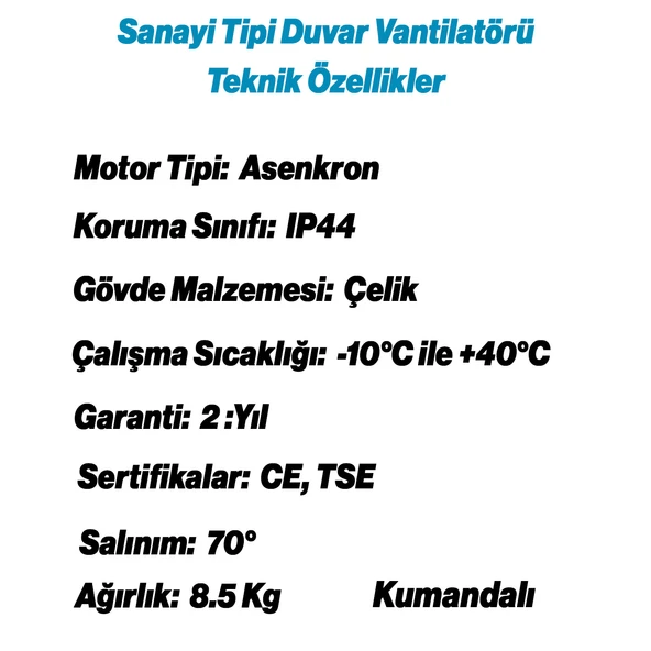 Sanayi Tipi Kumandalı 75 cm 210W Duvar Vantilatörü Endüstriyel Sessiz Duvara Monte Zincirli Fan - 3