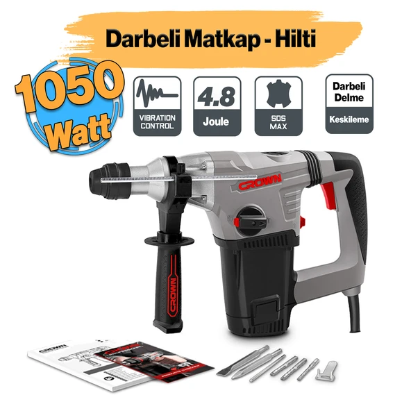 Crown CT18116 Kırıcı Delici Hilti 5 Kg Darbeli Matkap 1050 W Metal Beton Kömürlü Delme 4.8 Joule Güç