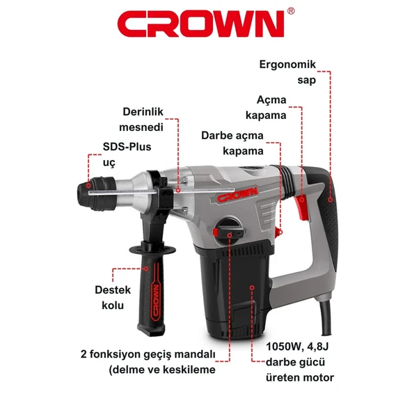 Crown CT18116 Kırıcı Delici Hilti 5 Kg Darbeli Matkap 1050 W Metal Beton Kömürlü Delme 4.8 Joule Güç - 2