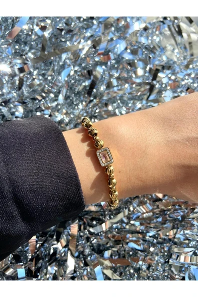 LUXSTONE  Pembe Baget Taşlı Dorika Gold Çelik Bileklik