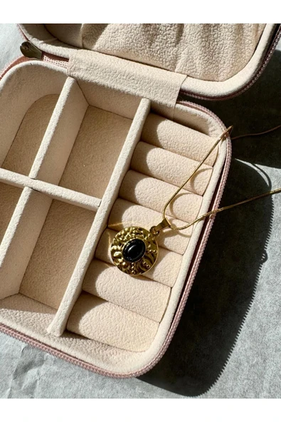 LUXSTONE  Siyah Taşlı Vintage Gold Çelik Kolye - 2