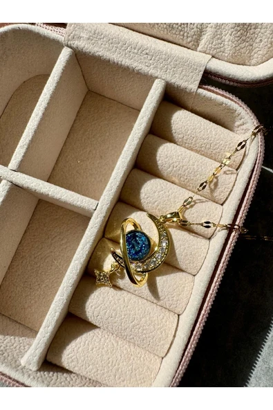 LUXSTONE  Mavi Gezegen Zirkon Taşlı Gold Çelik Kolye
