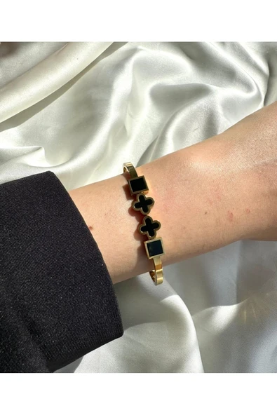 LUXSTONE  Siyah Van Cleef Gold Çelik Kelepçe