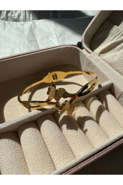 LUXSTONE  Çift Kelebek Taşlı Gold Çelik Kelepçe - 3