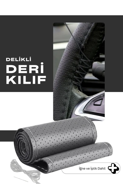 Kingstar Gri Dikişli Deri Görünümlü Delikli Dikme Direksiyon Kılıfı