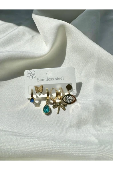 LUXSTONE 6’lı Yusufçuk Detay Gold Çelik Küpe - 3