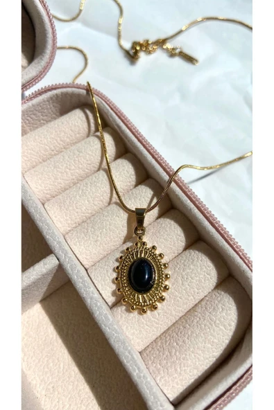 LUXSTONE  Mor Taşlı Simli Vintage Gold Çelik Kolye