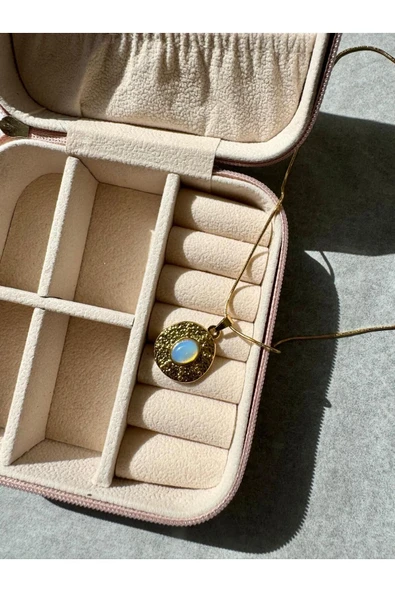 LUXSTONE  Beyaz Sedefli Taşlı Vintage Gold Çelik Kolye - 2