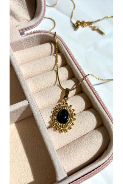 LUXSTONE  Mor Taşlı Simli Vintage Gold Çelik Kolye - 2