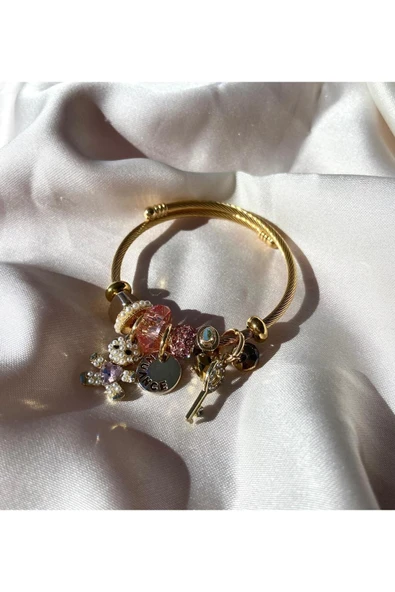 LUXSTONE  Taşlı Ayıcık Anahtar Charm Gold Çelik Bileklik