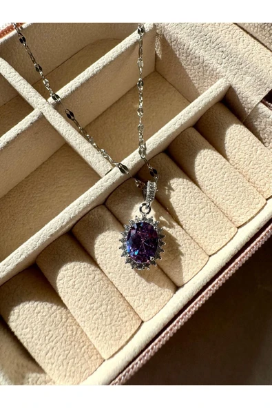 LUXSTONE  Mor Kristal Taşlı Gümüş Çelik Kolye