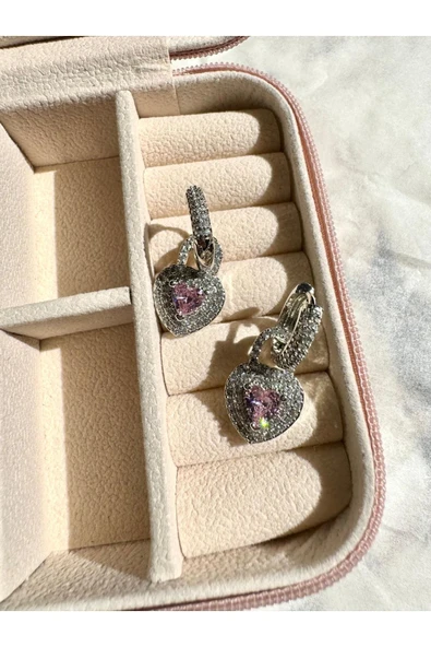 LUXSTONE  VİP Zirkon Pembe Kalp Gümüş Küpe - 2