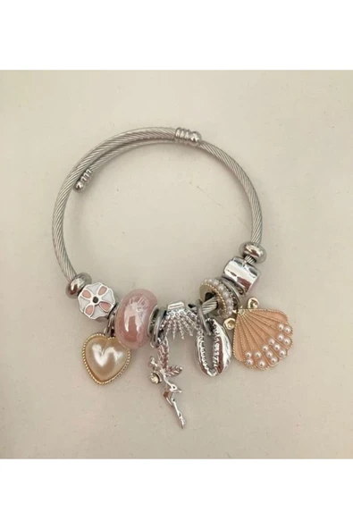 LUXSTONE  Beyaz Kalp Charm Çelik Charm Bileklik