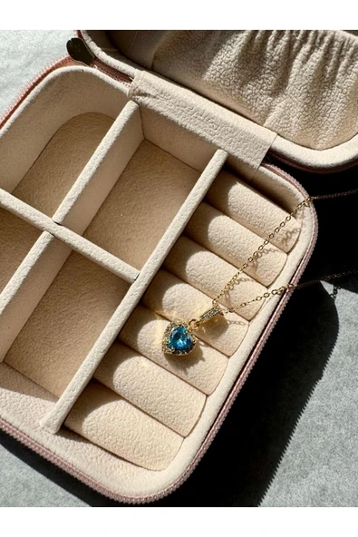 LUXSTONE  Mavi Taşlı Minik Kalp Gold Çelik Kolye