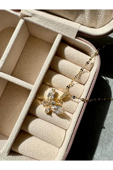 LUXSTONE  Beyaz Taşlı Kelebek Gold Çelik Kolye