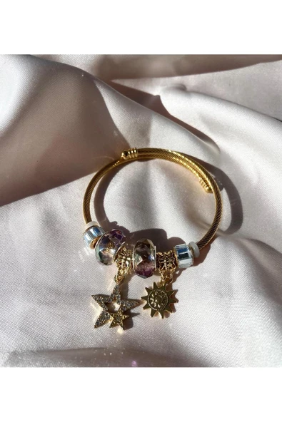 LUXSTONE  Taşlı Yıldız Güneş Charm Gold Çelik Bileklik
