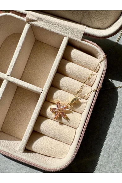 LUXSTONE  Pembe Taşlı Çiçek Gold Çelik Kolye