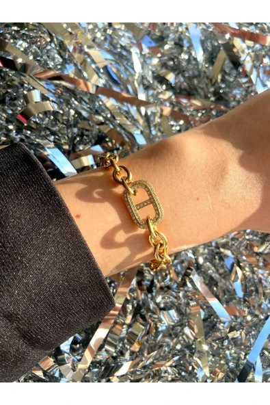 LUXSTONE  Halka Zirkon Taşlı Gold Çelik Bileklik
