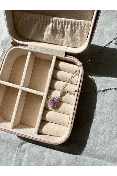 LUXSTONE  Pembe Zirkon Taşlı Gümüş Çelik Kolye - 3
